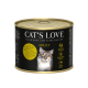 Cat's Love Dosenfutter für Katzen, mit einer grau-weißen Katze auf dem Etikett, mit "92% Kalb & Truthahn" und "getreidefreies Rezept."