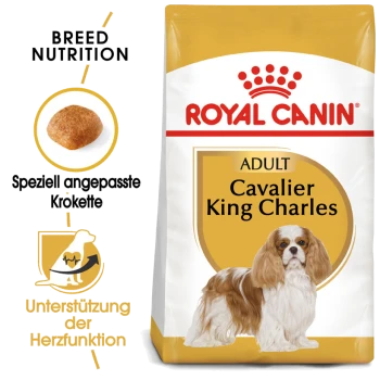 Royal Canin Hundefutterbeutel für Cavalier King Charles, mit einem Hundebild, dem Etikett "Erwachsene" und Text zur Ernährung der Rasse und Herzunterstützung.