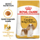 Royal Canin Hundefutterbeutel für Cavalier King Charles, mit einem Hundebild, dem Etikett "Erwachsene" und Text zur Ernährung der Rasse und Herzunterstützung.