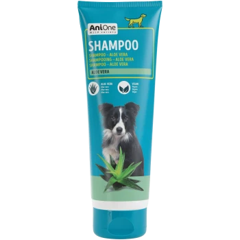 Tube de shampooing AniOne pour chien - étiquette 'SHAMPOO' turquoise, mention 'Aloe Vera', icône vegan, photo de chien et plante d'aloès.