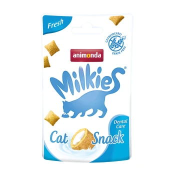 Verpackung für Animonda Milkies Katzenleckerlis mit blauem Hintergrund, einer Silhouette einer Katze und dem Text "Frisch" und "Zahnpflege."
