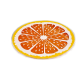 Eine runde Futtermatte für Haustiere, die wie eine geschnittene Orange aussieht, mit lebhaften orangenen Segmenten und einem gelben Rand.