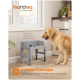 Golden Retriever Hund frisst aus einem erhöhten grauen Futternapf mit dem Text "Erhöhte Fressnäpfe" und Produktdetails auf Deutsch.