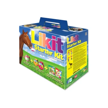 Likit Starter Kit Box mit einem Pferdebild, enthält einen weichen Halter, Apfel- und Kirschnachfüllungen sowie Minz- und Eukalyptus-Snacks.