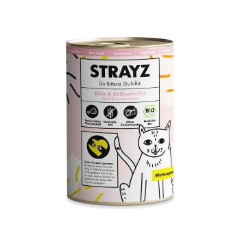 Dose STRAYZ Katzenfeuchtfutter mit Aufschrift „Ente & Süßkartoffel“ (Duck & Sweet Potato), Cartoon-Katze, Symbole für Extra-Fleisch, getreidefrei, ohne Zuckerzusatz, Bio.