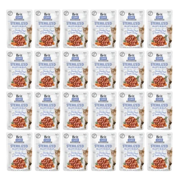 Paczki Brit Care Sterilized Fillets w galaretce dla kotów, z delikatnym indykiem, ułożone w wzór siatki.