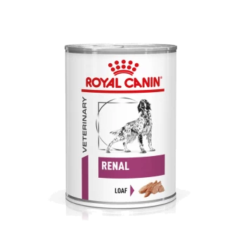 Dosen-Hundefutter von Royal Canin, beschriftet mit 'Veterinary Renal Loaf', mit einer Silhouette eines Hundes und Bildern von Fleisch.