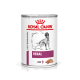 Dosen-Hundefutter von Royal Canin, beschriftet mit 'Veterinary Renal Loaf', mit einer Silhouette eines Hundes und Bildern von Fleisch.