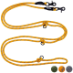 Eine leuchtend gelbe und graue Hundeleine mit zwei Clips und Knoten, die drei Farboptionen am unteren Rand zeigt: grün, orange und grau.