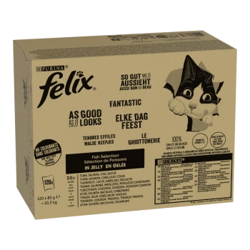 Packung Purina Felix Katzenfutter mit einer verspielten Katzen-Grafik, beschriftet "Fischauswahl in Gelee", mit Nährwertangaben und mehrsprachigem Text.