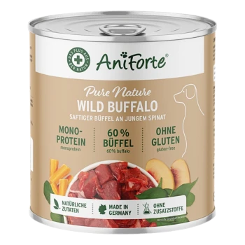 Dose AniForte Pure Nature Wild Buffalo Hundefutter, mit 60% Büffelfleisch, glutenfrei, mit Spinat, und gekennzeichnet mit "Hergestellt in Deutschland."