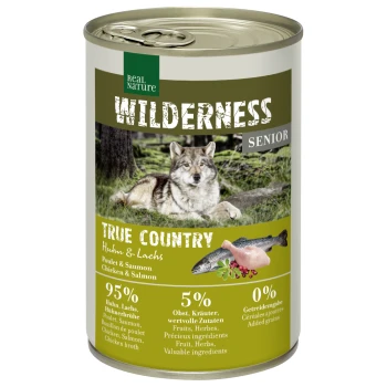 WILDERNESS Senior True Country, Huhn und Lachs 6x400 g Dosenfutter "Wilderness Senior" für Haustiere mit einem Wolfbild, das 95% Huhn und Lachs, 5% Früchte und Kräuter enthält, ohne zugesetzte Körner.