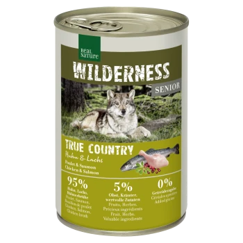 Dosenfutter "Wilderness Senior" für Haustiere mit einem Wolfbild, das 95% Huhn und Lachs, 5% Früchte und Kräuter enthält, ohne zugesetzte Körner.