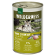 Dosenfutter "Wilderness Senior" für Haustiere mit einem Wolfbild, das 95% Huhn und Lachs, 5% Früchte und Kräuter enthält, ohne zugesetzte Körner.