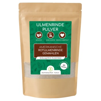 Braune Tüte Ulmenrinde Pulver mit grünen und weißen Etiketten, die "Amerikanische Rotulmenrinde Gemahlen" und "Verdauungshilfe für Hunde & Katzen" lesen.