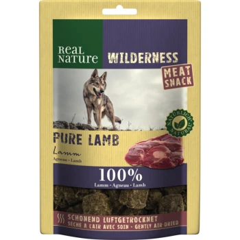 WILDERNESS En-cas à la viande 150 g Pure Lamb Emballage de friandise à la viande Pure Agneau Real Nature Wilderness pour chiens, avec une image de loup, le texte "100% Agneau" et une note de préparation séchée à l'air.