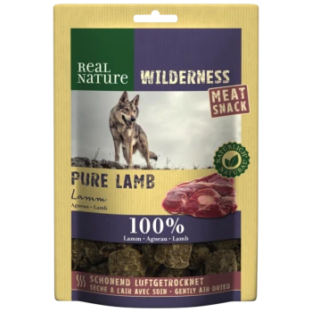 Package of Real Nature Wilderness Pure Lamb meat snack for dogs, featuring a wolf image, "100% Lamb" text, and air-dried preparation note.