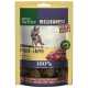 Packung von Real Nature Wilderness Pure Lammfleischsnack für Hunde, mit einem Wolfbild, "100% Lamm" Text und Hinweis zur luftgetrockneten Zubereitung.