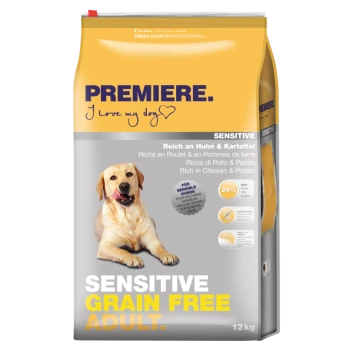 Sac de nourriture PREMIERE pour chien – Sensitive sans céréales pour adultes, riche en poulet et pomme de terre, slogan « J'aime mon chien », 12 kg.