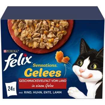Purina Felix Sensations Gelees Katzenfutterbox zeigt Fleischstücke in Gelee mit einer schwarz-weißen Katze, die sich die Lippen leckt.