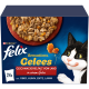 Boîte de nourriture pour chats Purina Felix Sensations Gelees montrant des morceaux de viande en gelée avec un chat noir et blanc se léchant les lèvres.