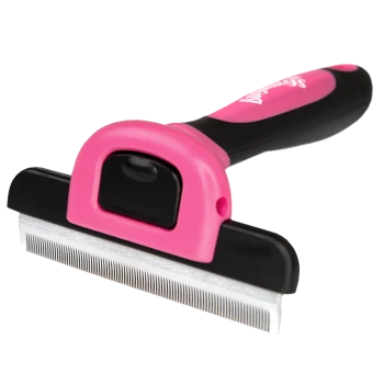 Haustierpflegebürste mit rosa-schwarzem Griff und feinen Metallzähnen zum Entfernen von losem Fell.