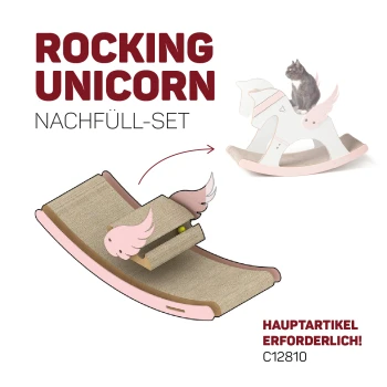 Nachfüllset für Rocking Unicorn mit einer Katze auf einem Spielzeug mit pinken Flügeln und beiger Kratzfläche. Text: "Hauptartikel erforderlich!" Code: C12810.