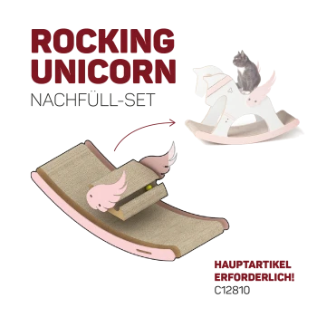 Nachfüllset für Rocking Unicorn mit einer Katze auf einem Spielzeug mit pinken Flügeln und beiger Kratzfläche. Text: "Hauptartikel erforderlich!" Code: C12810.