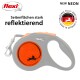 Grau einziehbare Hundeleine mit orangefarbenem reflektierenden Panel und schwarzem Hundesilhouette. Text: "NEON NEU," "stark reflektierend," "ORIGINAL flexi®."