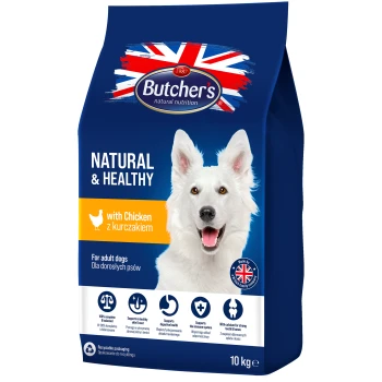 Torba z karmą dla psów marki Butcher's, oznaczona "Natural & Healthy" z kurczakiem, odpowiednia dla dorosłych psów, 10 kg.