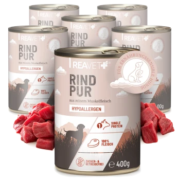 REAVET 'RIND PUR' hypoallergene Hundefutterdosen (400 g) mit Aufschriften 'HYPOALLERGEN', 'SINGLE PROTEIN', '100% FLEISCH', mit rohem Rindfleisch