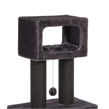 Grauer Katzenbaum mit einem plüschigen, würfelförmigen Ruhebereich, zwei mit Sisal umwickelten Kratzpfosten und einem baumelnden Pom-Pom-Spielzeug.