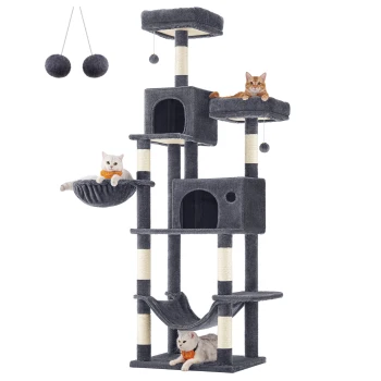 Katzenbaum XXL 199cm hellgrau dunkelgrau Ein grauer mehrstöckiger Katzenbaum mit cremefarbenen Akzenten hat drei Katzen: eine graue Katze in einer Hängematte, eine orangefarbene Katze oben und eine weiße Katze, die spielt.