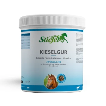 Behälter mit Stiefel Kieselgur für Pferde, mit einem Pferdebild, mit dem Text, der angibt, dass es Zink und Vitamin B-Komplex enthält.