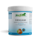 Behälter mit Stiefel Kieselgur für Pferde, mit einem Pferdebild, mit dem Text, der angibt, dass es Zink und Vitamin B-Komplex enthält.