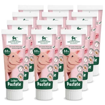 Knuffelwuff Leberpaste-Tuben mit einer Schweineillustration, beschriftet mit "88% Schwein" und "Viel frisches Fleisch ohne Konservierungsmittel."