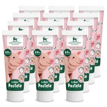 Knuffelwuff Leberpaste-Tuben mit einer Schweineillustration, beschriftet mit "88% Schwein" und "Viel frisches Fleisch ohne Konservierungsmittel."
