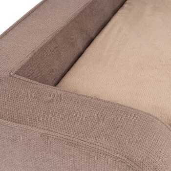 Nahaufnahme eines gemütlichen Haustierbettes mit einem strukturierten braunen Außenstoff und einem weichen beigen Innenkissen.