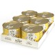 Sechs Dosen Betty's Landhausküche Haustierfutter, mit goldener Farbe und Aufreißdeckeln, in einem weißen Papptray präsentiert.