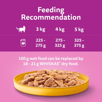 Feeding recommendation chart for cats showing portion sizes for 3 kg, 4 kg, and 5 kg weights, with a bowl of WHISKAS® wet food.