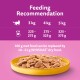 Feeding recommendation chart for cats showing portion sizes for 3 kg, 4 kg, and 5 kg weights, with a bowl of WHISKAS® wet food.