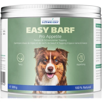Conteneur de garniture pour aliments pour animaux de compagnie "Easy BARF Pro Appetite," avec un fond vert, une image de chien et un texte indiquant qu'il est 100 % naturel.