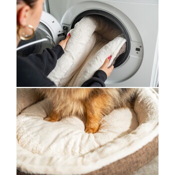 Eine Person legt ein flauschiges Haustierbett in eine Waschmaschine, während die kleinen Pfoten eines Hundes auf dem weichen, cremefarbenen Innenraum des Bettes ruhen.