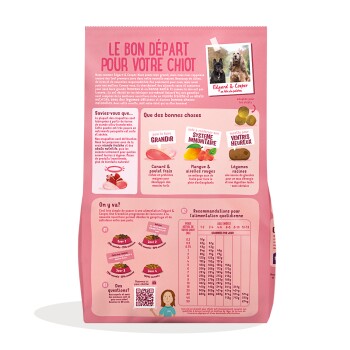 Sac rose pour chiots intitulé « LE BON DÉPART POUR VOTRE CHIOT » avec photo de chien, nom Edgard & Cooper et tableau d'alimentation.