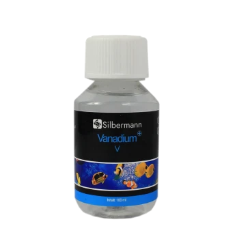 Flasche Silbermann Vanadium V, 100 ml, mit bunten Fischen auf dem Etikett, für die Verwendung im Aquarium konzipiert.