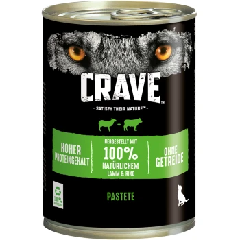 Boîte de nourriture pour animaux Crave avec un design de visage de loup, étiquetée "Hoher Proteingehalt," "100% natürlichem Lamm & Rind," et "ohne Getreide."
