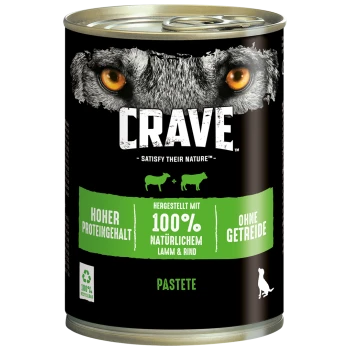 Blik Crave huisdiervoeding met een wolfgezicht ontwerp, gelabeld "Hoher Proteingehalt," "100% natürlichem Lamm & Rind," en "ohne Getreide."
