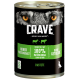 Dose Crave Haustierfutter mit einem Wolfsgesicht-Design, beschriftet mit "Hoher Proteingehalt," "100% natürlichem Lamm & Rind," und "ohne Getreide."