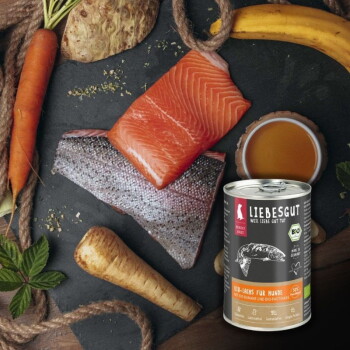 Liebesgut Hundefutterdose mit Aufschrift 'Bio-Lachs für Hunde' mit rohen Lachsfilets, Karotte, Pastinake, Banane und Bratensoße.
