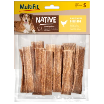 Bâtonnets à mâcher MultiFit Native pour chiens, saveur poulet, emballés avec une photo d'un chien et un texte en plusieurs langues.